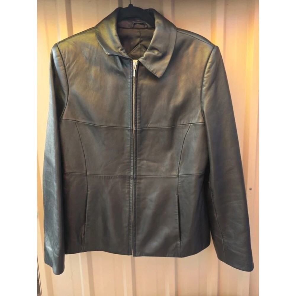 Valerie Stevens Black Lambskin Leather Zip Front Jacket Coat Medium
